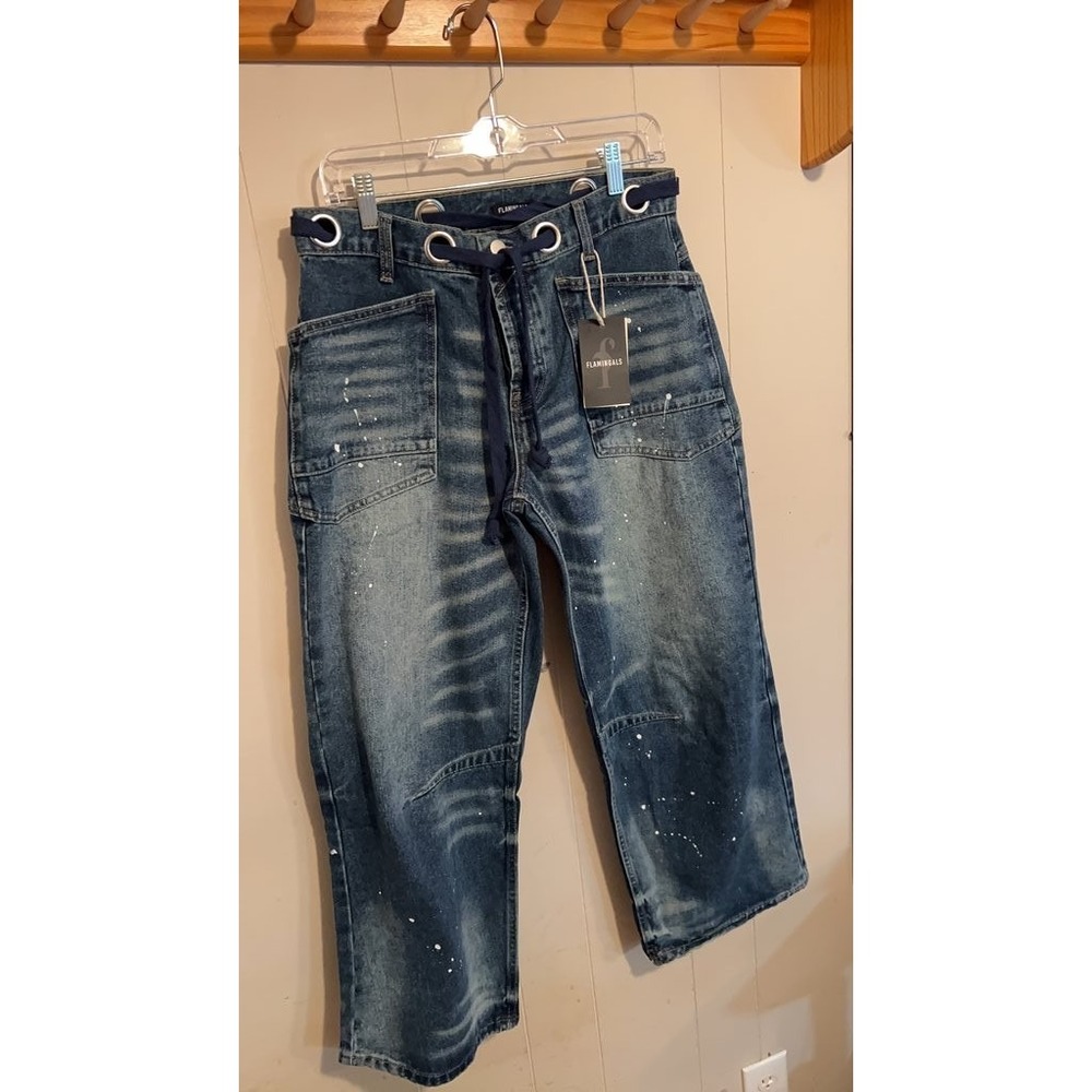 Flamingals Wide Leg Distressed Denim Jeans with Grommet Detail